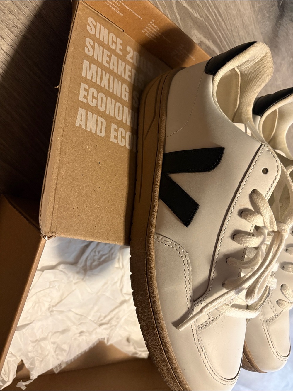 Veja White Leather Sneakers with Black V and Tan Sole - Picture 3 of 6